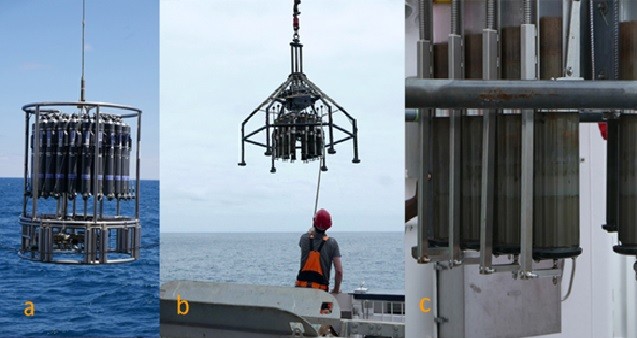 Probenahme im Atacama-Graben mit (a) einer CTD Rosette für Wasserproben aus verschiedenen Tiefen, (b) und (c) einem Multicorer für Sedimentproben. Deutlich erkennbar ist  die Schichtung in den Kernen bei (b) und (c).